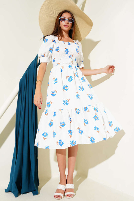 Papatyalı Gipeli Midi Elbise Saks