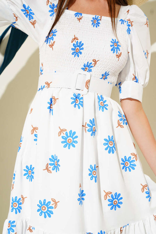 Papatyalı Gipeli Midi Elbise Saks