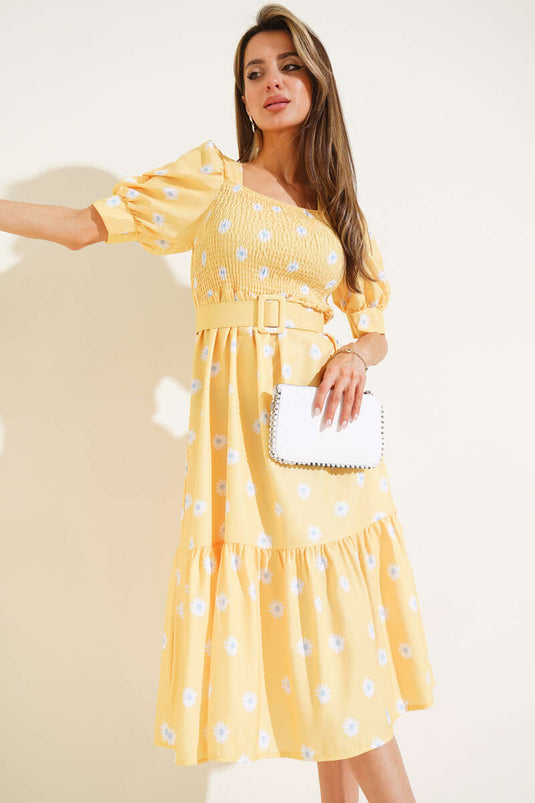 Papatyalı Gipeli Midi Elbise Sarı