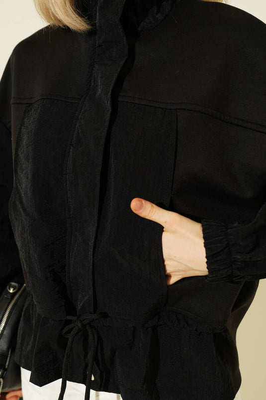 Black Loose-Fitting Short Jacket with Parachute Fabric Trim