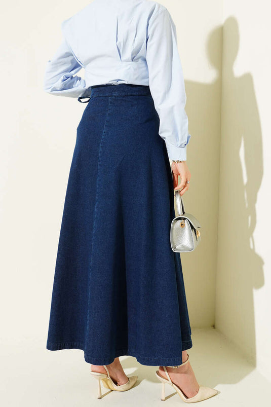 Piece Detailed Tied Denim Skirt Blue