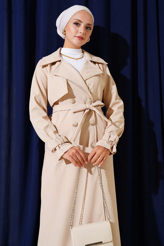 Piece Detailed Ankle Belt Trench Coat Beige