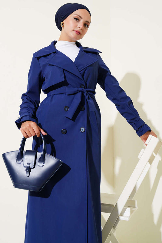 Piece Detailed Ankle Belt Trench Coat Navy Blue