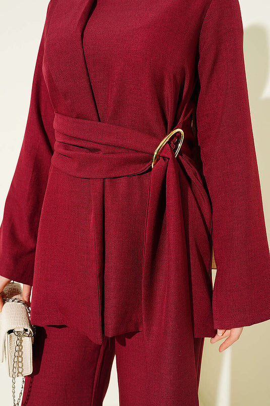 Two-Piece Set with Gold Buckle and Panel Detail, Burgundy