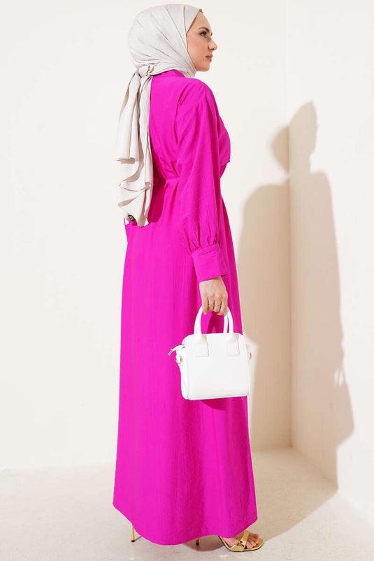 Piece Detailed Rope Belt Dress Fuchsia