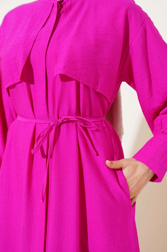 Piece Detailed Rope Belt Dress Fuchsia