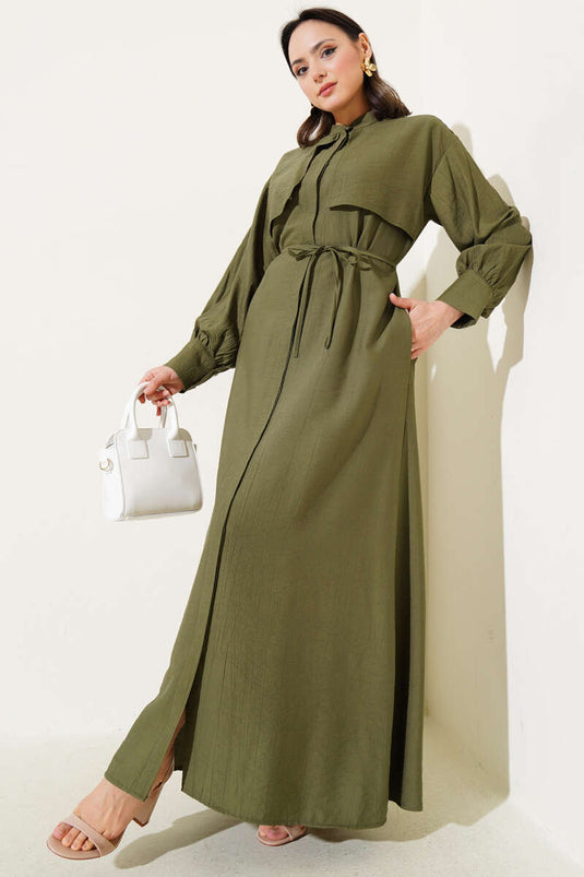 Piece Detailed Rope Belt Dress Khaki