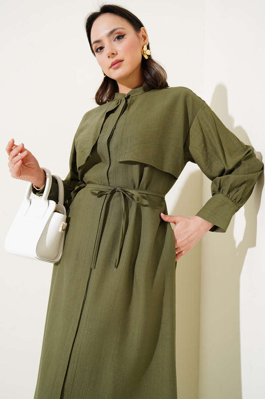 Piece Detailed Rope Belt Dress Khaki