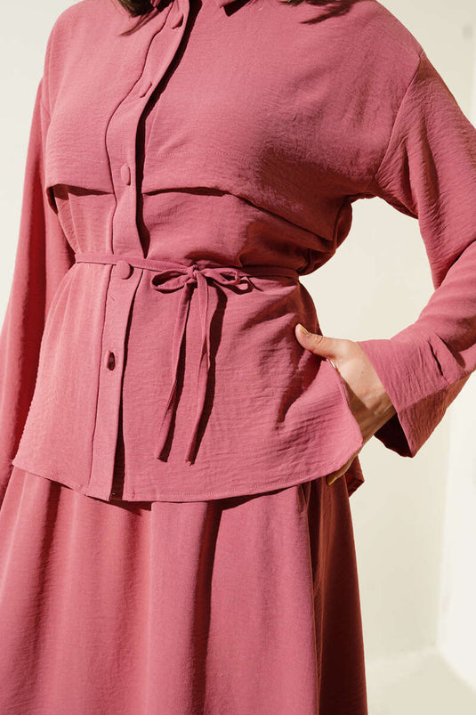 بدلة أيروبين بتنورة وحزام، قطعة واحدة، لون وردي مغبر