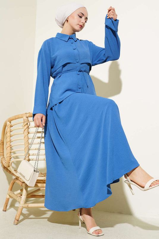 Parça Detaylı Kuşaklı Etekli Ayrobin Takım İndigo