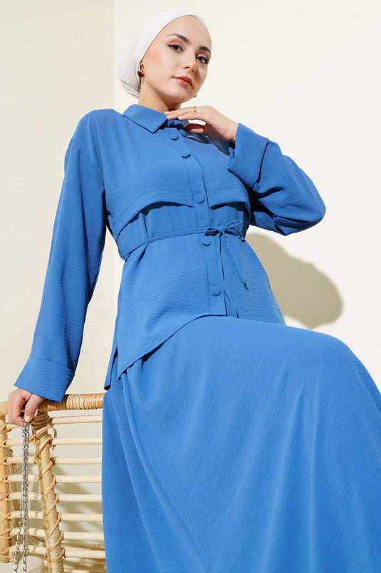 Parça Detaylı Kuşaklı Etekli Ayrobin Takım İndigo