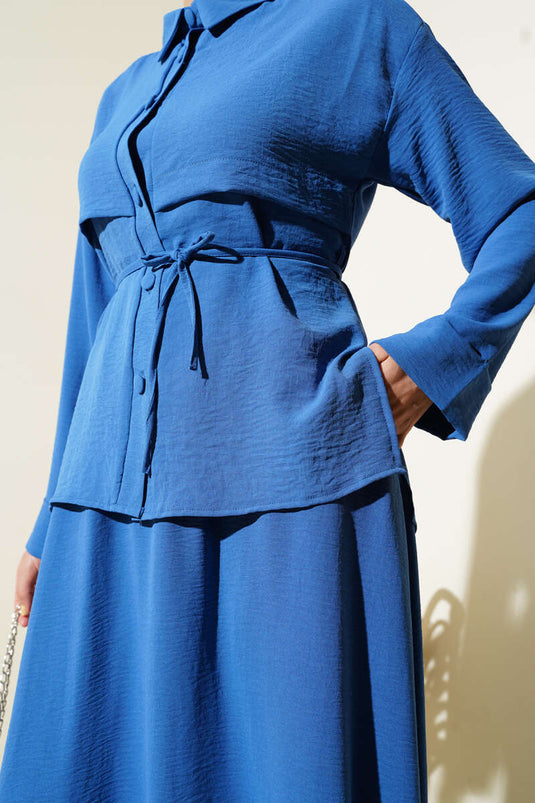 Parça Detaylı Kuşaklı Etekli Ayrobin Takım İndigo