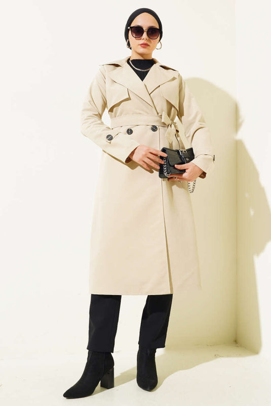 Detailed Piece Belted Trench Coat Beige