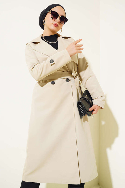 Trench-Coat Ceinturé Détail Pièce Beige