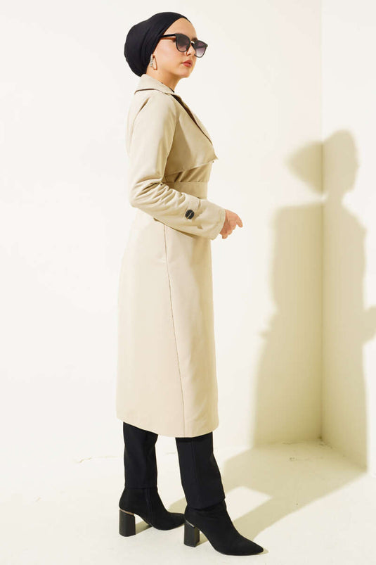 Trench-Coat Ceinturé Détail Pièce Beige