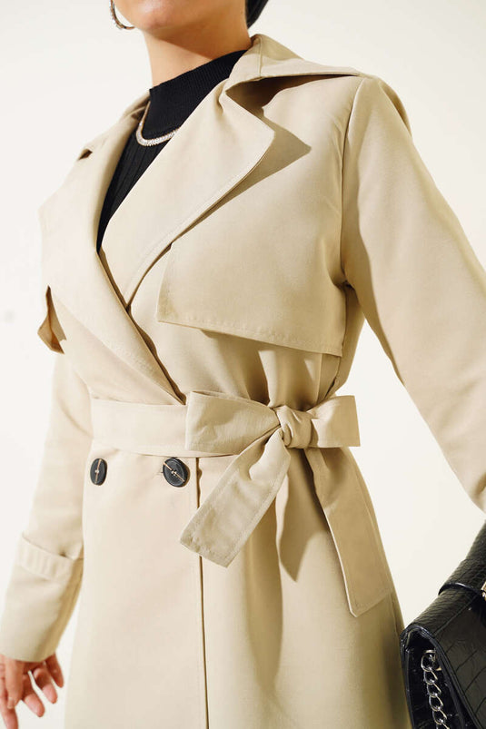 Detailed Piece Belted Trench Coat Beige