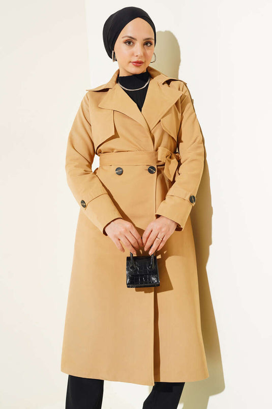 Detailed Piece Belted Trench Coat Camel