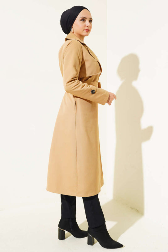 Detailed Piece Belted Trench Coat Camel