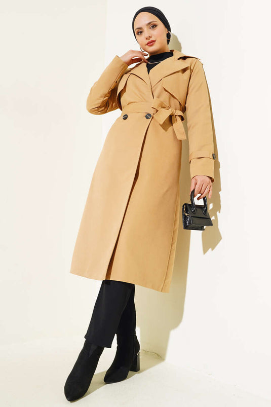 Detailed Piece Belted Trench Coat Camel