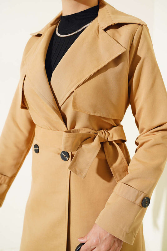 Detailed Piece Belted Trench Coat Camel