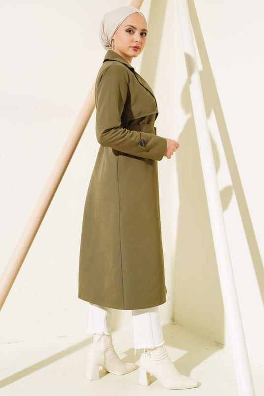 Detailed Piece Belted Trench Coat Khaki