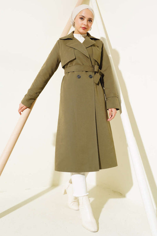 Detailed Piece Belted Trench Coat Khaki