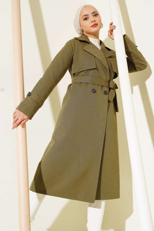 Detailed Piece Belted Trench Coat Khaki