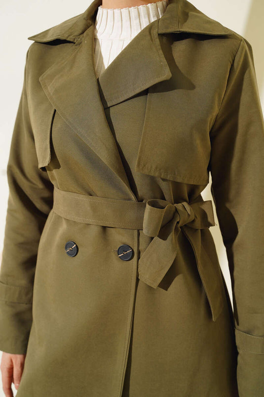 Detailed Piece Belted Trench Coat Khaki