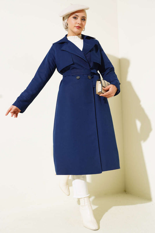 Detailed Piece Belted Trench Coat Navy Blue