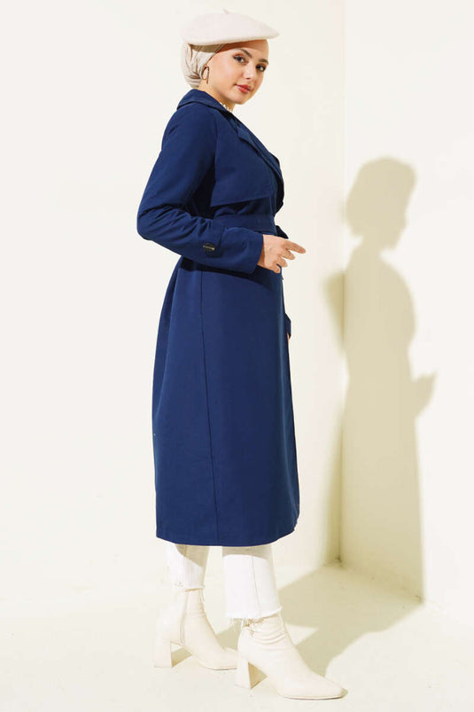 Detailed Piece Belted Trench Coat Navy Blue