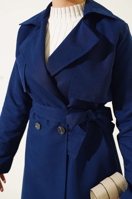 Detailed Piece Belted Trench Coat Navy Blue