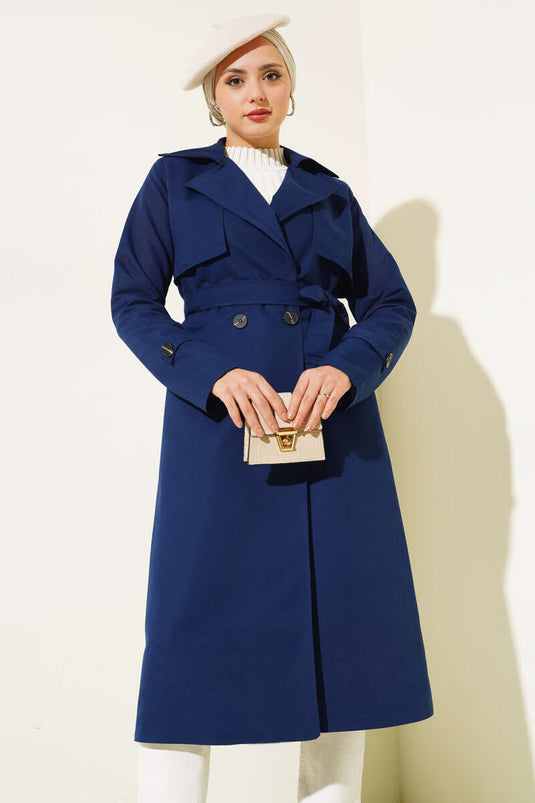 Detailed Piece Belted Trench Coat Navy Blue