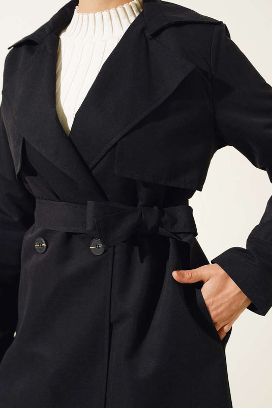 Detailed Piece Belted Trench Coat Black