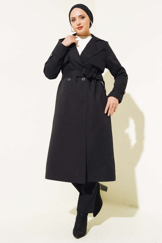 Trench-Coat Ceinturé Détail Pièce Noir