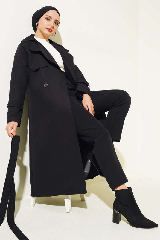 Detailed Piece Belted Trench Coat Black