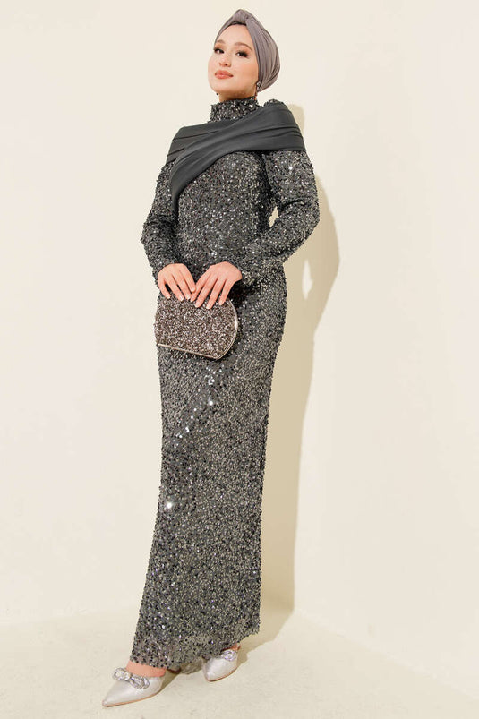Robe de soirée à paillettes avec détails en pièces Anthracite