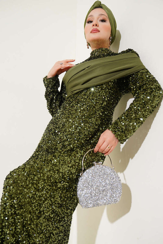 Robe de soirée à paillettes kaki