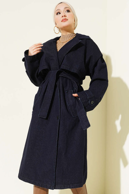 Loose Fit Denim Trench Coat with Panel Detail Navy