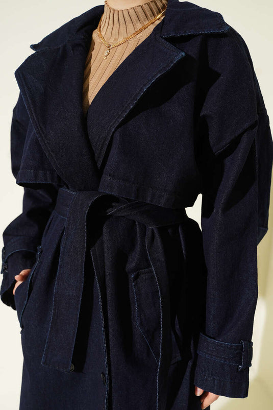 Detailed Loose Fit Denim Trench Coat, Navy Blue