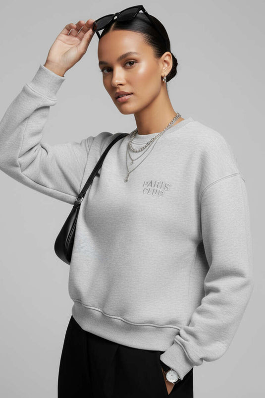 Sweat-shirt gris brodé Paris à 3 fils