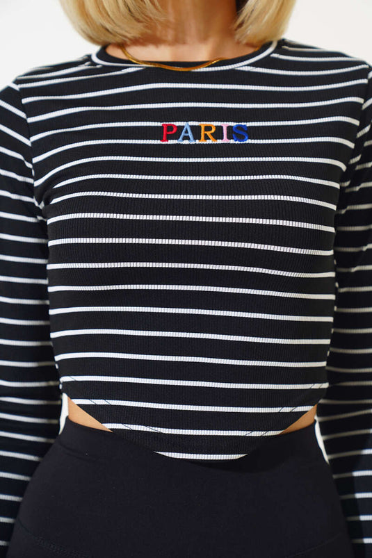 Paris Embroidered Striped Blouse Black