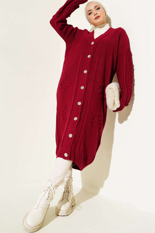 Cardigan Long Tricoté Pompon Boutonné Brillant Rouge Claret