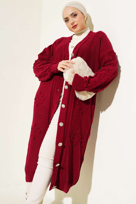 Cardigan Long Tricoté Pompon Boutonné Brillant Rouge Claret