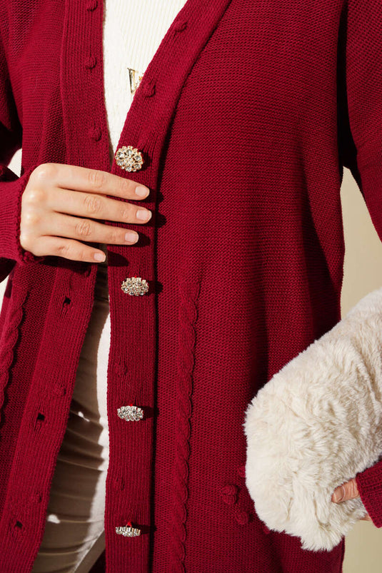 Cardigan Long Tricoté Pompon Boutonné Brillant Rouge Claret