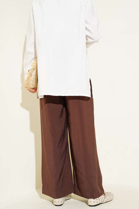 Parlak Görünümlü Kumaş Pantolon Acı Kahve
