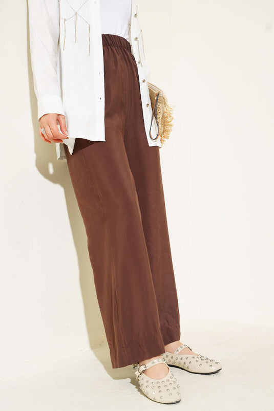 Parlak Görünümlü Kumaş Pantolon Acı Kahve
