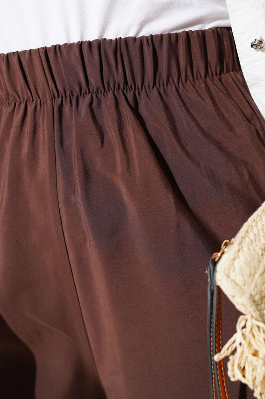 Parlak Görünümlü Kumaş Pantolon Acı Kahve