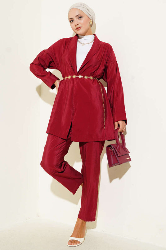 Costume deux pièces brillant ceinturé bordeaux