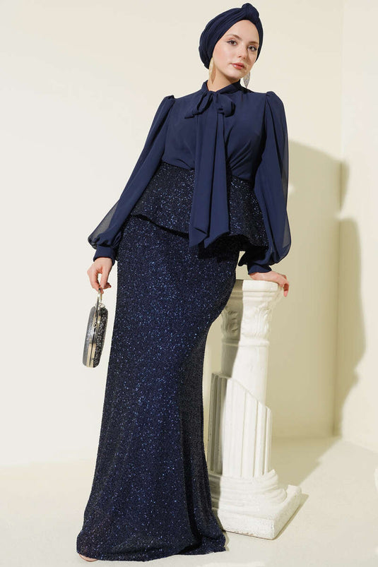 Parlak Pul Detaylı Abiye İkili Takım Lacivert