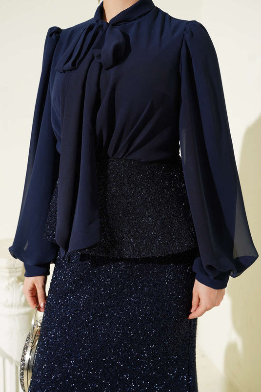 Parlak Pul Detaylı Abiye İkili Takım Lacivert